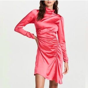 A.L.C Joss Ruched Mockneck Dress Satin Pink NWT Long Sleeve Cocktail
